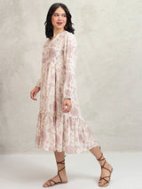 Women's Mauve Ethnic Floral Regular Fit Three Quarter Sleeves Dress