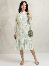 Women's Green Ethnic Floral Regular Fit Three Quarter Sleeves Dress
