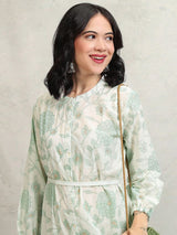 Women's Green Ethnic Floral Regular Fit Three Quarter Sleeves Dress