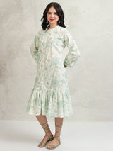 Women's Green Ethnic Floral Regular Fit Three Quarter Sleeves Dress