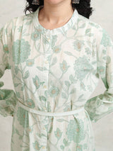 Women's Green Ethnic Floral Regular Fit Three Quarter Sleeves Dress