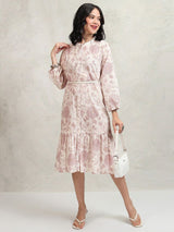 Women's Mauve Ethnic Floral Regular Fit Three Quarter Sleeves Dress