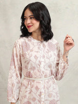 Women's Mauve Ethnic Floral Regular Fit Three Quarter Sleeves Dress