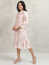 Women's Mauve Ethnic Floral Regular Fit Three Quarter Sleeves Dress
