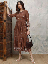 Women's Brown Ethnic Embroidered Regular Fit Three Quarter Sleeves Dress
