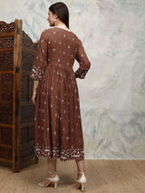 Women's Brown Ethnic Embroidered Regular Fit Three Quarter Sleeves Dress