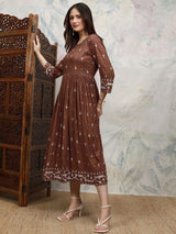Women's Brown Ethnic Embroidered Regular Fit Three Quarter Sleeves Dress