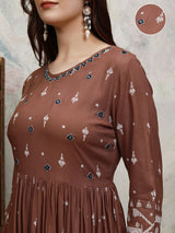 Women's Brown Ethnic Embroidered Regular Fit Three Quarter Sleeves Dress