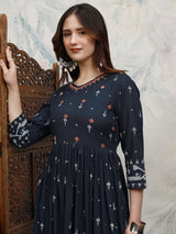 Women's Indigo Blue Ethnic Embroidered Regular Fit Three Quarter Sleeves Dress