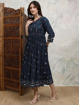 Women's Indigo Blue Ethnic Embroidered Regular Fit Three Quarter Sleeves Dress