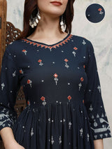Women's Indigo Blue Ethnic Embroidered Regular Fit Three Quarter Sleeves Dress