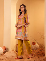 Women's Mustard Ethnic Printed Straight Kurta With Trousers