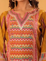Women's Mustard Ethnic Printed Straight Kurta With Trousers