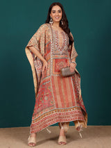 Women's Ethnic Printed Mirror & Gota Embelished Kaftan With Dhoti Pants