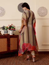 Women's Multicolor Colored Pure Silke Gotta And Mirror Embellished Kaftan With Tulip Pants