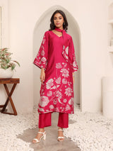 Women's Fuchsia Pink Floral Printed Gota Detail Flared Sleeve Kurta With Solid Trouser