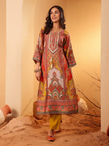 Women's Olive Ethnic Floral Printed Gota Embellished Flared Sleeve Kurta With Solid Trouser.