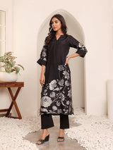 Women's Black Floral Printed Kurta With Solid Trouser.