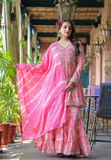 Women's Pink Floral Printed Mirror Work Anarkali Kurta With Sharara And Dupatta