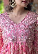 Women's Pink Floral Printed Mirror Work Anarkali Kurta With Sharara And Dupatta