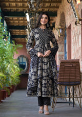 Women's Black Mandarin Collar Embellished Yoke Three Quarter Sleeves Paired With Printed Bottom And Dupatta