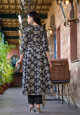 Women's Black Mandarin Collar Embellished Yoke Three Quarter Sleeves Paired With Printed Bottom And Dupatta