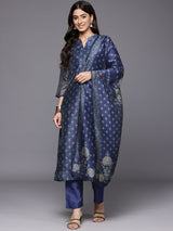 Women's Blue Floral Printed Mandarin Collar Straight Kurta Paired With Bottom & Dupatta