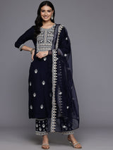 Women's Navy Blue Round Neck Thread Embroidered Kurta Paired With Bottom And Dupatta