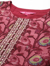 Women's Maroon Floral Printed Kurta, Round Neck Straight Kurta Paired With Tonal Bottom And Printed Dupatta
