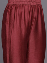 Women's Maroon Floral Printed Kurta, Round Neck Straight Kurta Paired With Tonal Bottom And Printed Dupatta