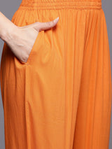 Women's Orange Mirror And Thread Embroidered, Zari Embellished Scalloped Schiffli Anarkali Kurta Paired With Printed Bottom And Embroidered Dupatta