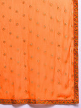 Women's Orange Mirror And Thread Embroidered, Zari Embellished Scalloped Schiffli Anarkali Kurta Paired With Printed Bottom And Embroidered Dupatta