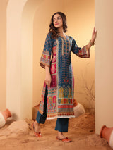 Women's Teal Blue Ethnic Printed Straight Kurta With Trouser