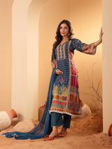 Women's Teal Blue Ethnic Printed Straight Kurta With Trouser