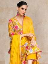 Women's Floral Printed Boho Look Flared Sleeve Kurta With Trouser & Dupatta