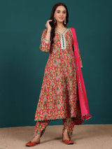 Women's Ethnic Floral Printed Zari & Sequin Lace Anarkali Kurta With Dhoti Trouser & Dupatta