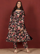 Women's Ethnic Floral Printed Scoop Neck Anarkali With Trouser & Dupatta
