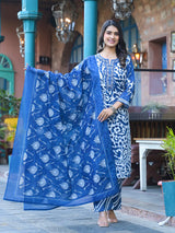 Women's Blue Floral Printed Thread Embroidered Cotton Kurta With Trouser & Dupatta