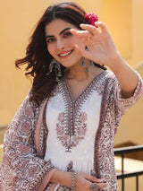 Women's Floral Jaipuri Printed Gathered Princess Cut Flared Kurta With Trouser & Dupatta