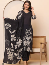 Women's Floral Placement Printed V Neck Thread Embroidered Kurta With Trouser & Dupatta