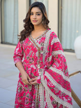 Women's Ethnic Jaipuri Floral Printed Angrakha Anarkali Kurta With Trouser & Dupatta