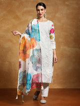 Women's Thread Embroidered Kurta With Trouser & Floral Printed Dupatta
