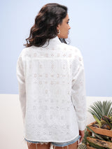 Women's White Ethnic Printed Regular Fit Full Sleeves Shirt