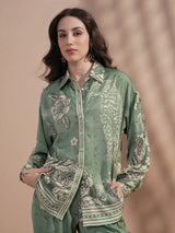 Women's Green Ethnic Printed Regular Fit Full Sleeves Shirt