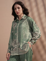 Women's Green Ethnic Printed Regular Fit Full Sleeves Shirt