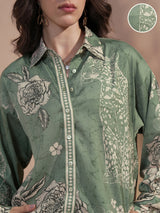 Women's Green Ethnic Printed Regular Fit Full Sleeves Shirt