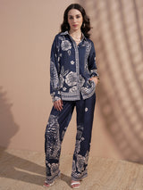Women's Navy Blue Ethnic Printed Regular Fit Full Sleeves Shirt