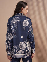Women's Navy Blue Ethnic Printed Regular Fit Full Sleeves Shirt