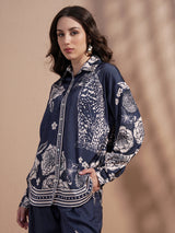 Women's Navy Blue Ethnic Printed Regular Fit Full Sleeves Shirt