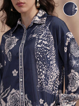 Women's Navy Blue Ethnic Printed Regular Fit Full Sleeves Shirt